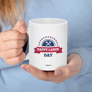 Happy Labor Day White Ceramic Mug with Red & Blue Design